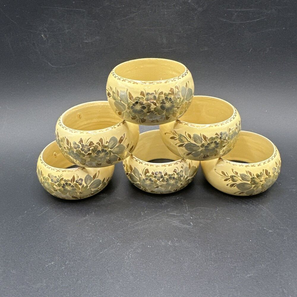 Vintage Russian Wood Lacquer Napkin Rings Set 6 Silv & White & Gold Hand Painted